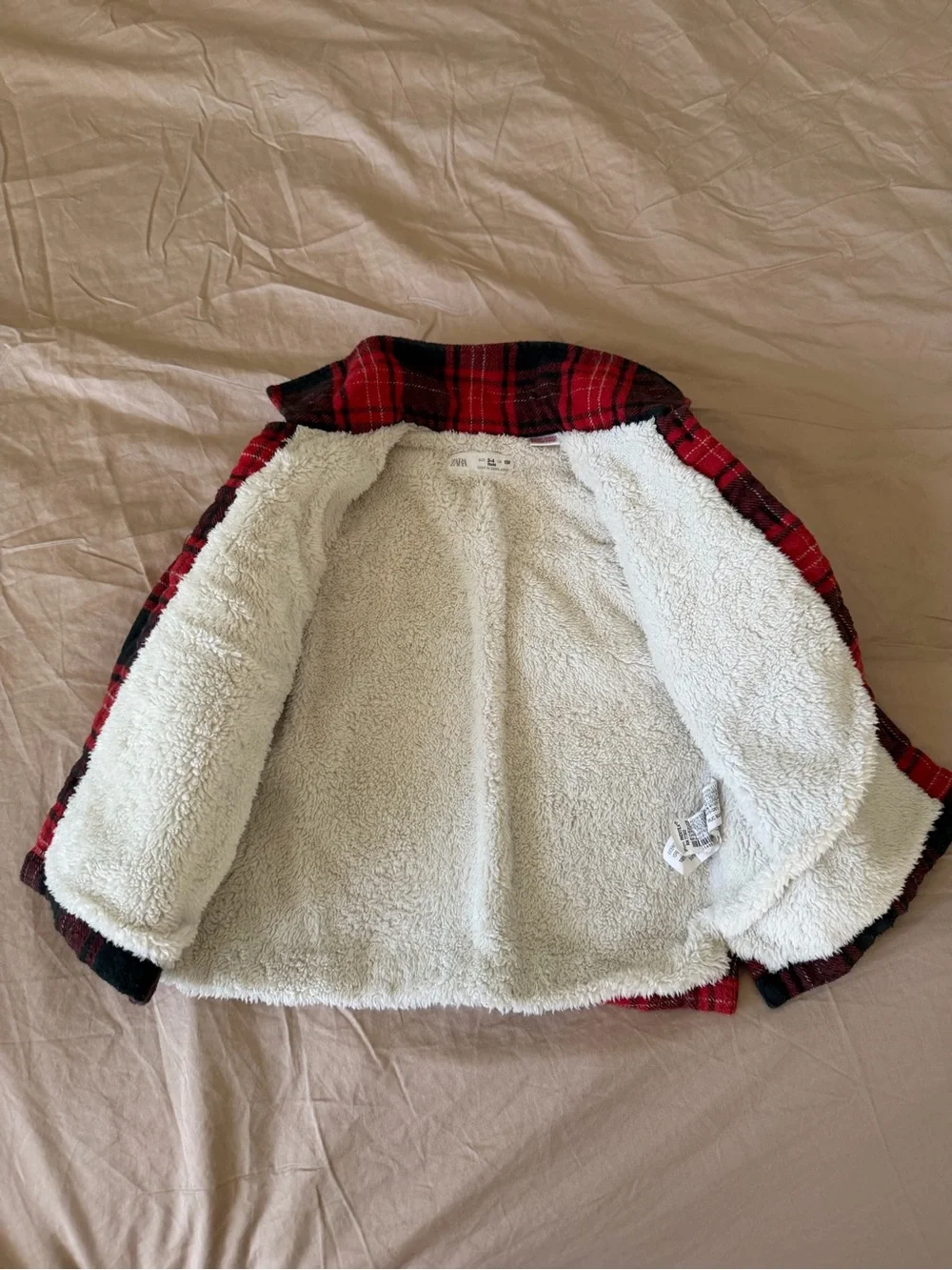 Zara Kids Red & Black Plaid Sherpa-Lined Pea Coat 3-4Y